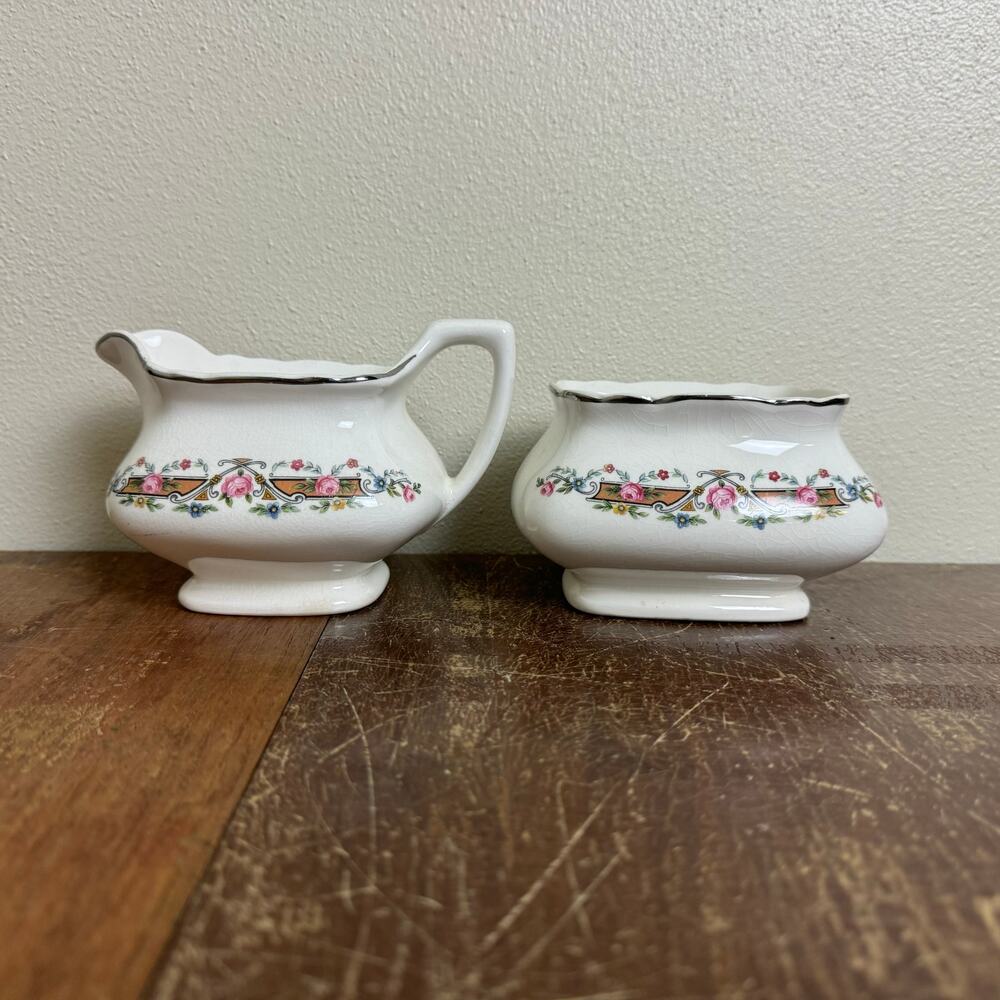 1930s WS George LIDO White Creamer &‎ Sugar Bowl Pink Roses Silver Platinum Trim